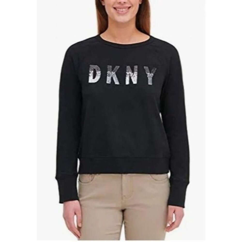 Dkny Jeans Womens Black Sequin Logo Sweatshirt S